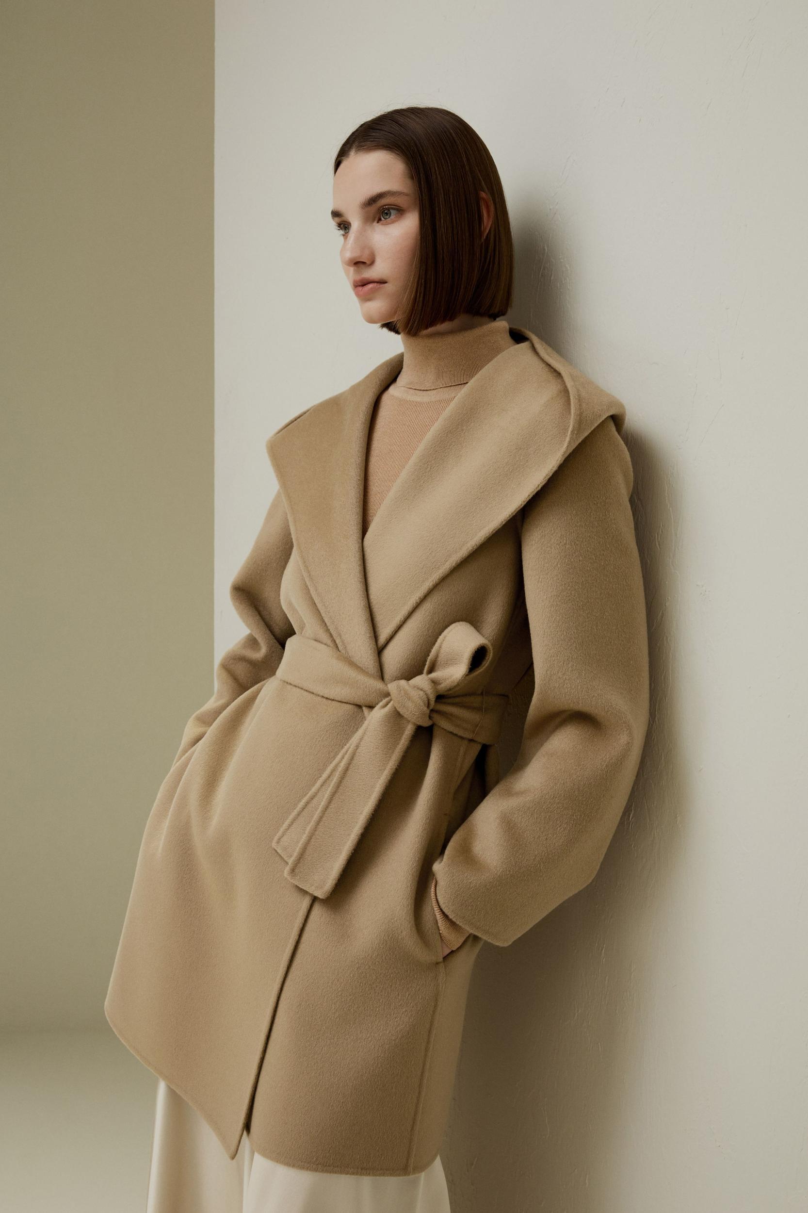 Cashmere-Wool-Blend Belted Short Hooded Coat Product Image
