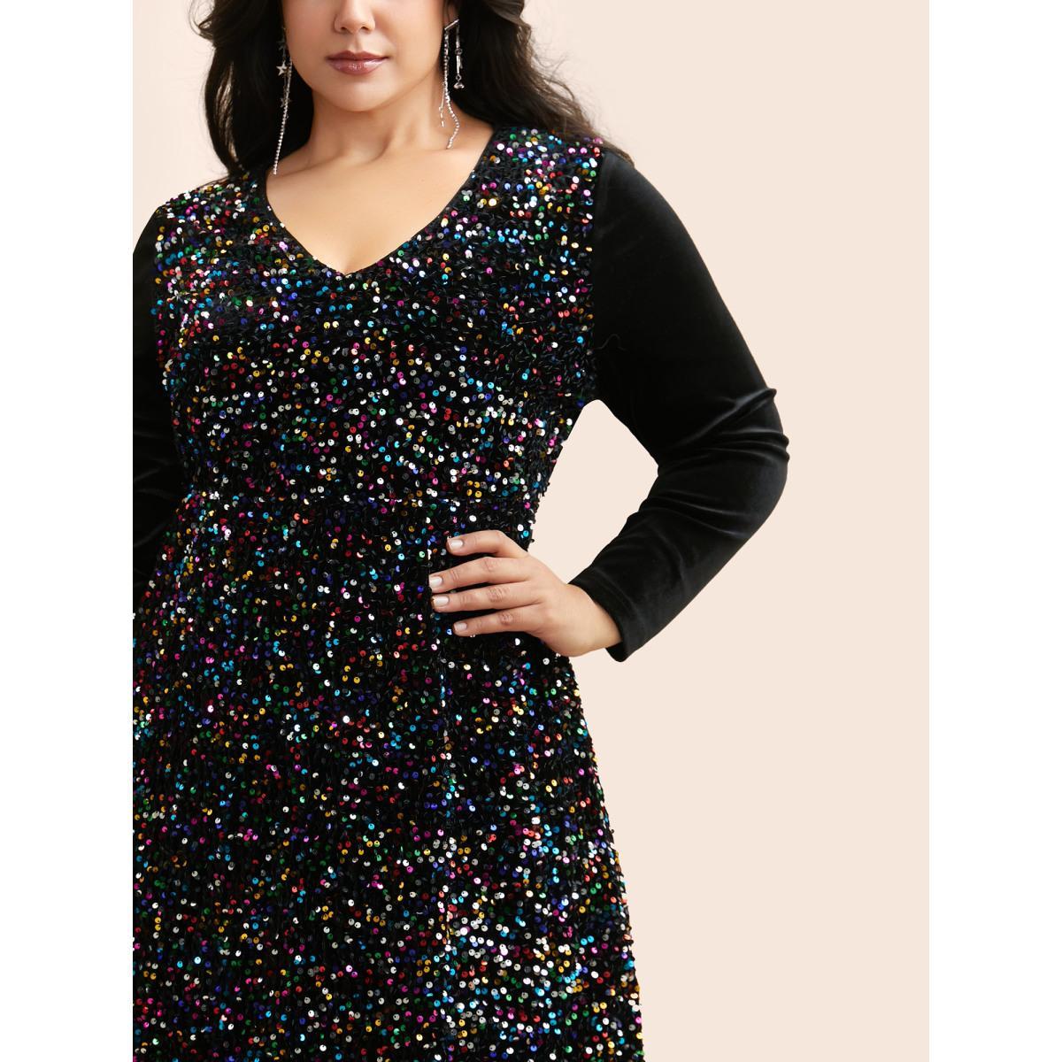 Plus Size V Neck Sequin Patchwork Dress Black Women Cocktail Texture Party Curvy Bloomchic 18-20/2X Product Image