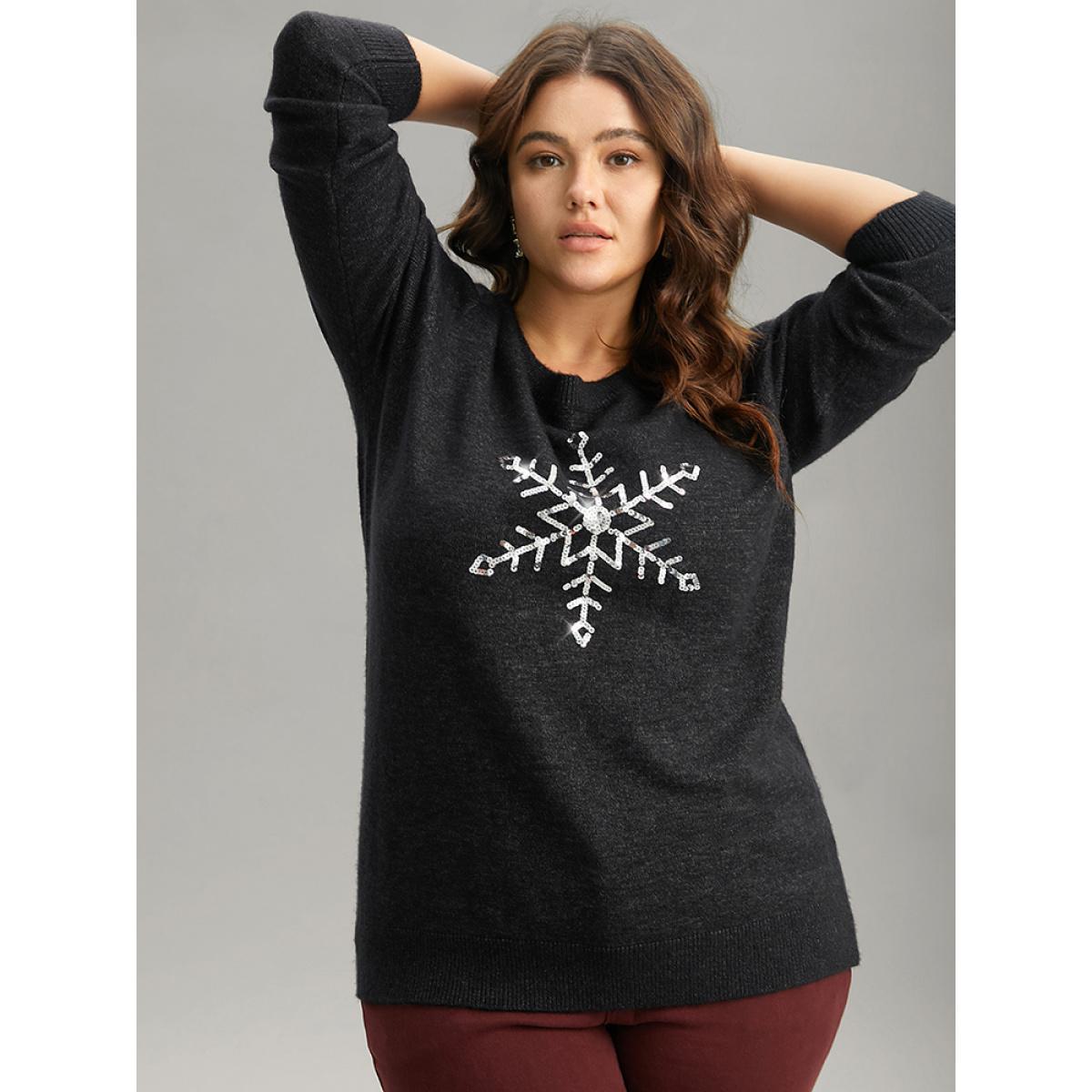 Plus Size Anti-Pilling Sequin Snowflake Round Neck Pullover Black Women Casual Loose Long Sleeve Round Neck Festival-Christmas Pullovers BloomChic 12/L Product Image