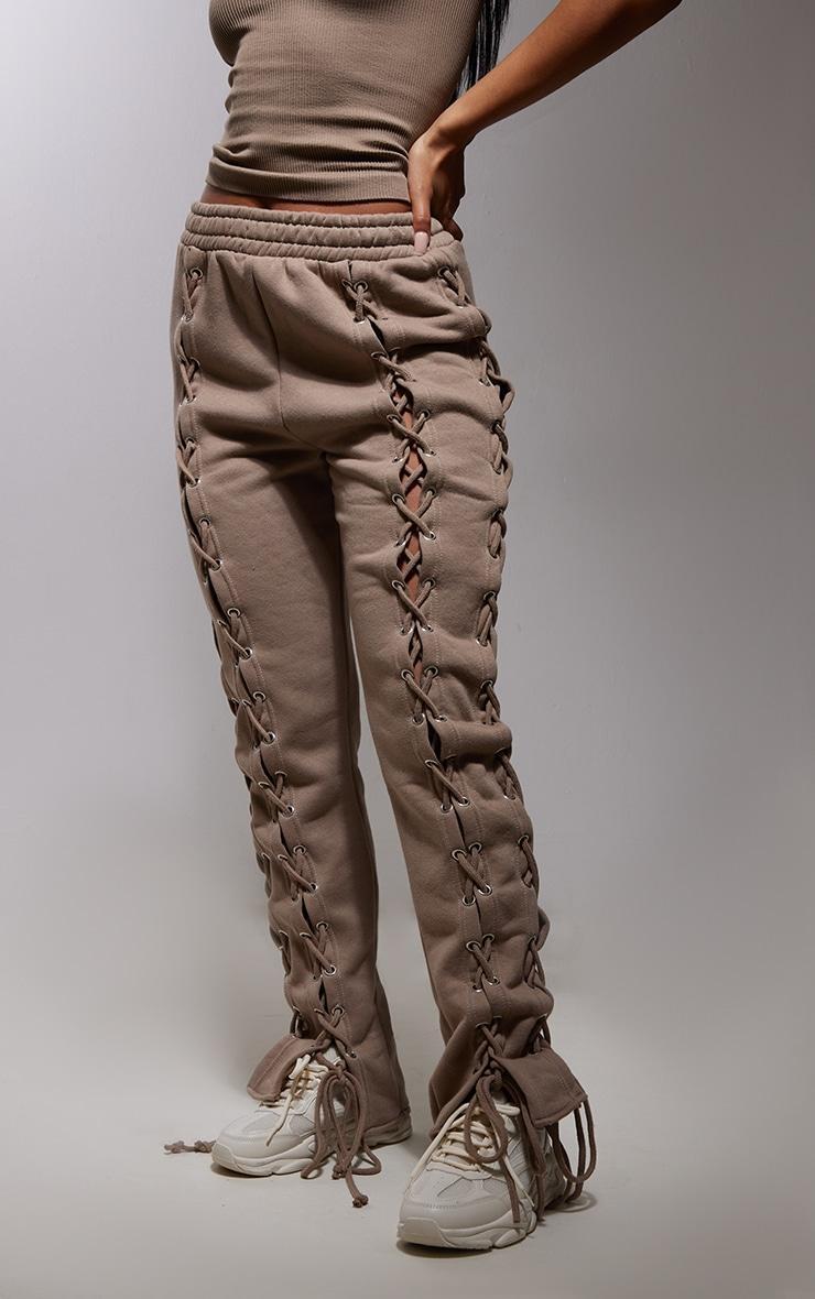 Taupe Lace Up Side Detail Oversized Sweatpants Product Image