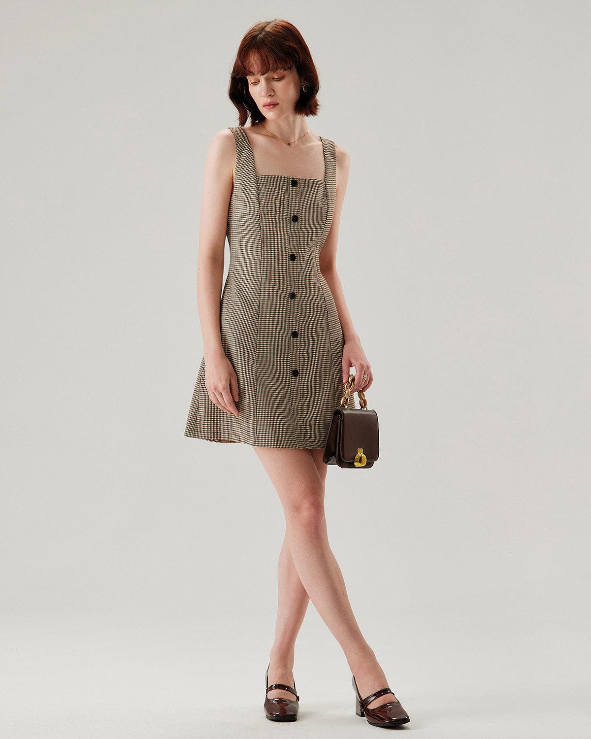 Brown Plaid Button Slip Mini Dress Product Image