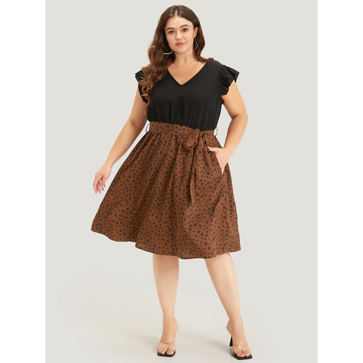 Plus Size Leopard Patchwork Pocket Belt Ruffle Dress DarkBrown Women Elegant Belted V-neck Cap Sleeve Curvy Knee Dress BloomChic 14-16/1X Product Image