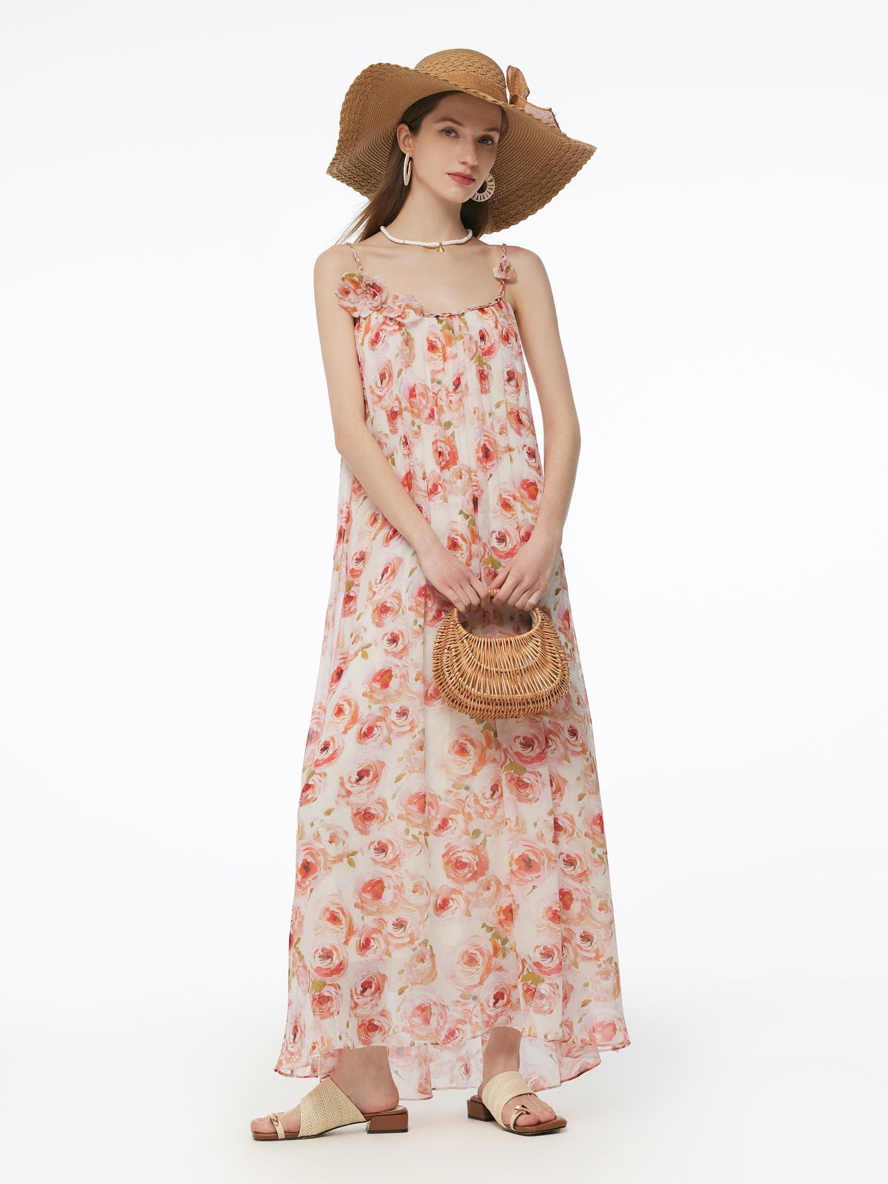 10MM Mulberry Silk Rose Print Women Strap Maxi Dress Product Image