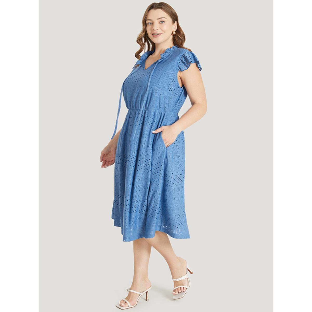 Plus Size Plain Pocket Ruffle Tie Neck Cap Sleeve Broderie Anglaise Dress Blue Women Elegant Lined Tie Neck Cap Sleeve Curvy Midi Dress BloomChic 26/4X Product Image