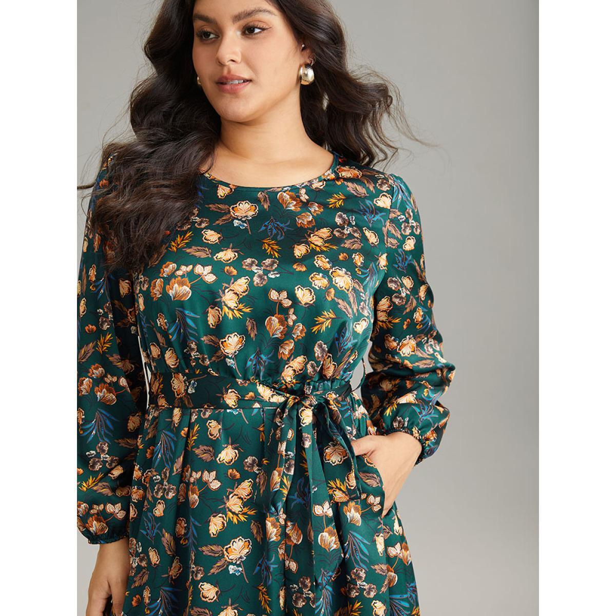 Plus Size Floral Lantern Sleeve Belted Elastic Waist Dress Cyan Women Office Elastic cuffs Round Neck Long Sleeve Curvy Midi Dress BloomChic 22-24/3X Product Image
