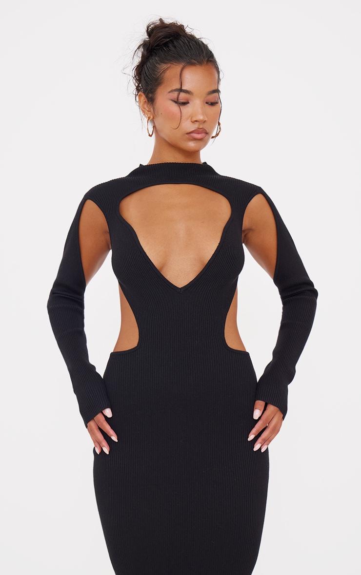 Black Textured Rib Knit Cut Out Maxi Dress Product Image