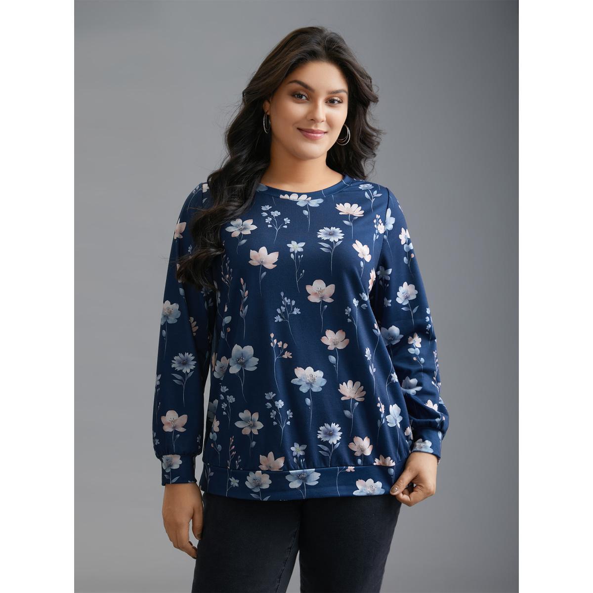 Plus Size Crew Neck Floral Print Sweatshirt Women DarkBlue Casual Contrast Round Neck Everyday Sweatshirts BloomChic 10/M Product Image