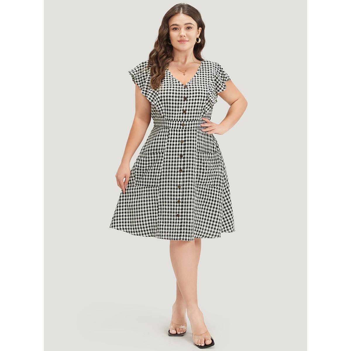 Plus Size Gingham Button Detail Pocket Ruffle Cap Sleeve Dress Black Women Elegant Button V-neck Cap Sleeve Curvy Knee Dress BloomChic 28/5X Product Image