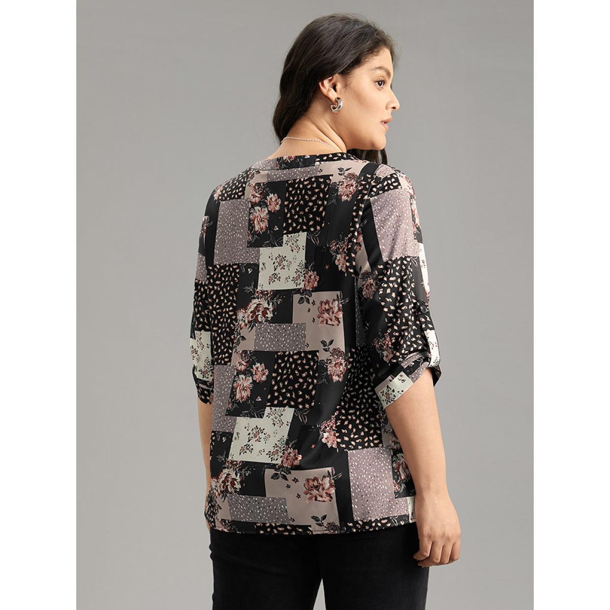 Plus Size BlackFlower Floral Colorblock Contrast Tab Sleeve Blouse Women Elegant Elbow-length sleeve V-neck Dailywear Blouses BloomChic 26/4X Product Image