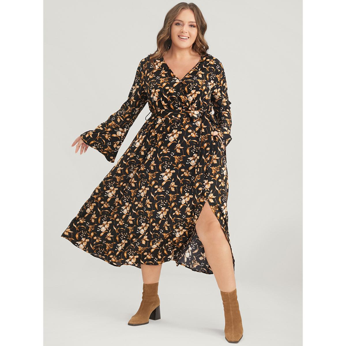 Plus Size Floral Pocket Bell Sleeve Belted Split Flutter Dress Black Women Elegant Pocket V-neck Long Sleeve Curvy Midi Dress BloomChic 22-24/3X Product Image