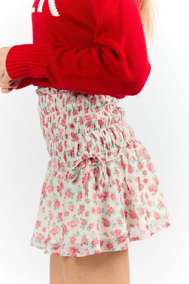 Cross My Path Ivory and Red Drop Smocked Waist Mini Skort FINAL SALE Product Image
