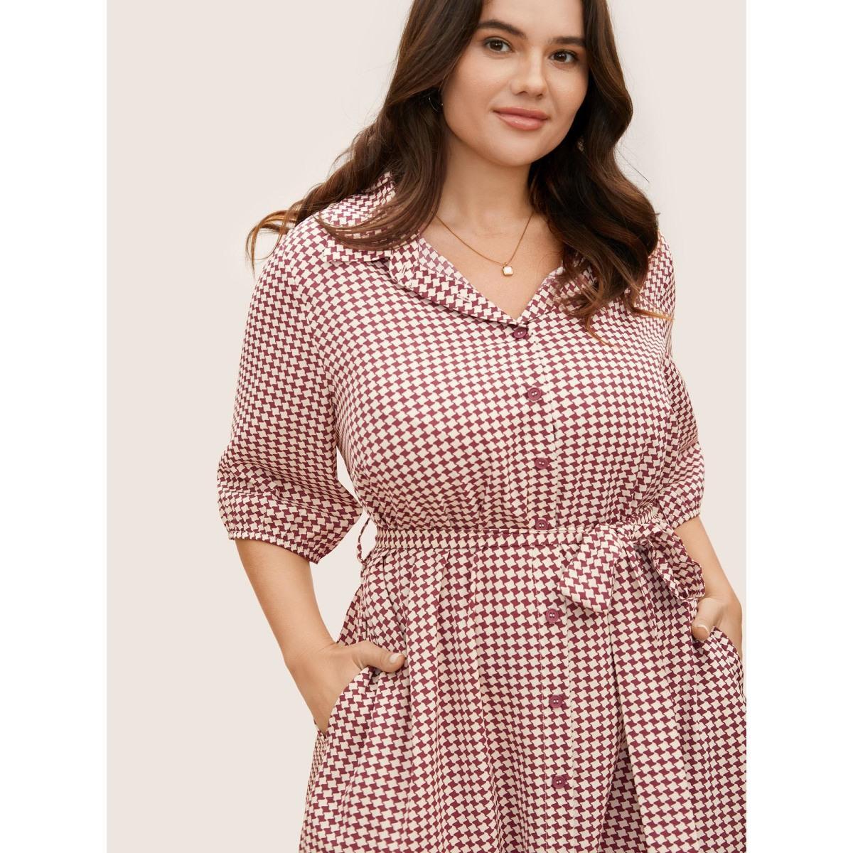 Plus Size Shirt Collar Geometric Lantern Sleeve Belted Dress Scarlet Women Work From Home Gathered Shirt collar Half Sleeve Curvy BloomChic 10/M Product Image