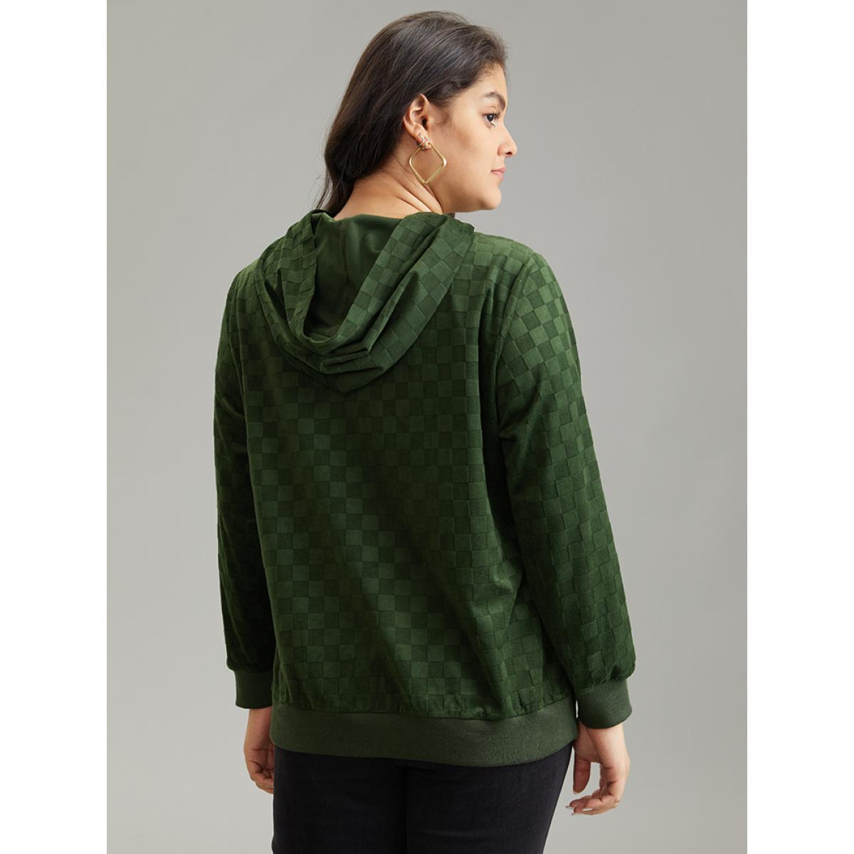 Plus Size Solid Velvet Checkered Hooded Pocket Sweatshirt Women Green Casual Texture Hooded Dailywear Sweatshirts BloomChic 28/5X Product Image