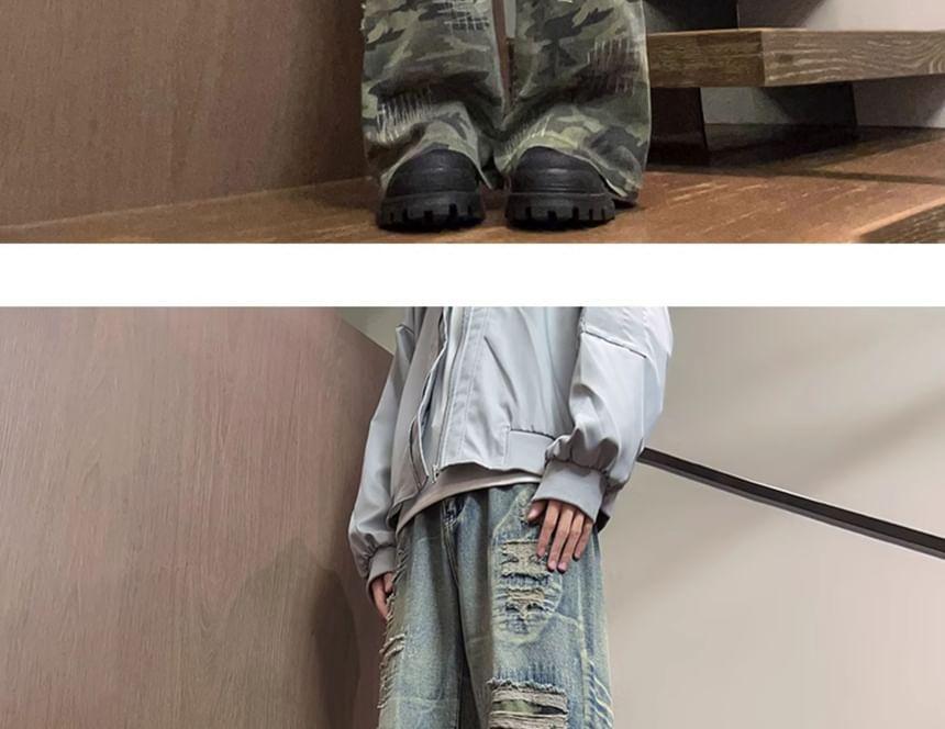 Mid Rise Camo Print Distressed Washed Wide Leg Jeans Product Image