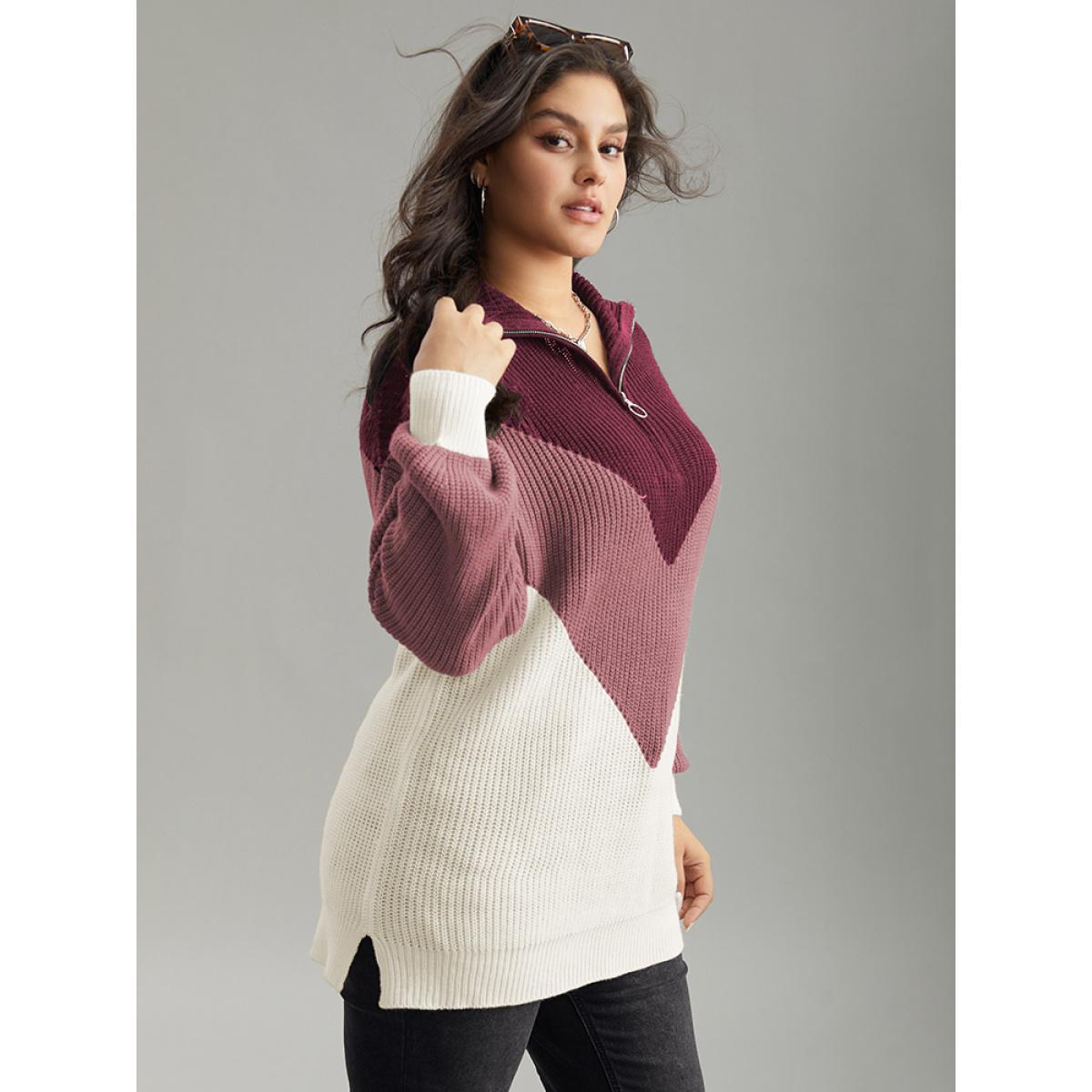 Plus Size Colorblock Patchwork Zipper Lapel Collar Pullover Burgundy Women Casual Long Sleeve Lapel Collar Everyday Pullovers BloomChic 26/4X Product Image