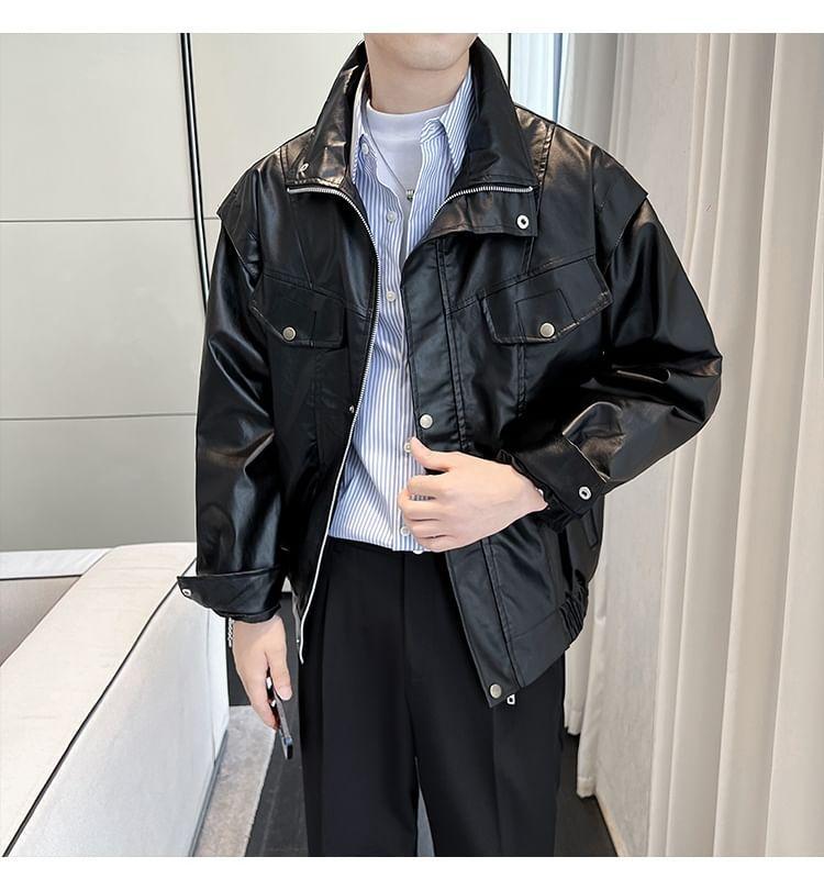 Stand Collar Plain Panel Faux Leather Zip Jacket Product Image