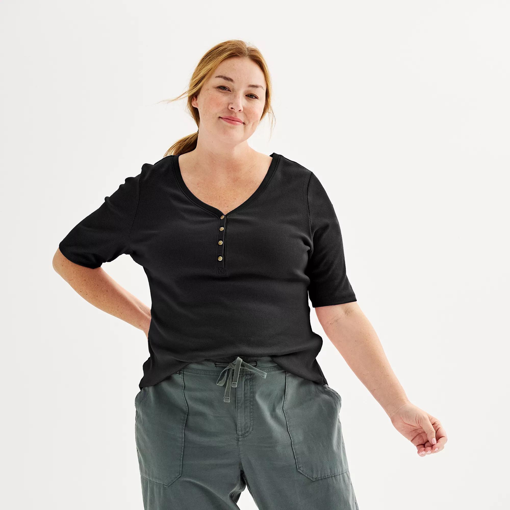 Plus Size Sonoma Goods For Life® Slim Fit Elbow Sleeve Henley, Women's, Size: 4XL, Pitch Black Product Image