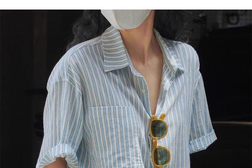 Elbow-Sleeve Striped Button-Up Shirt Product Image