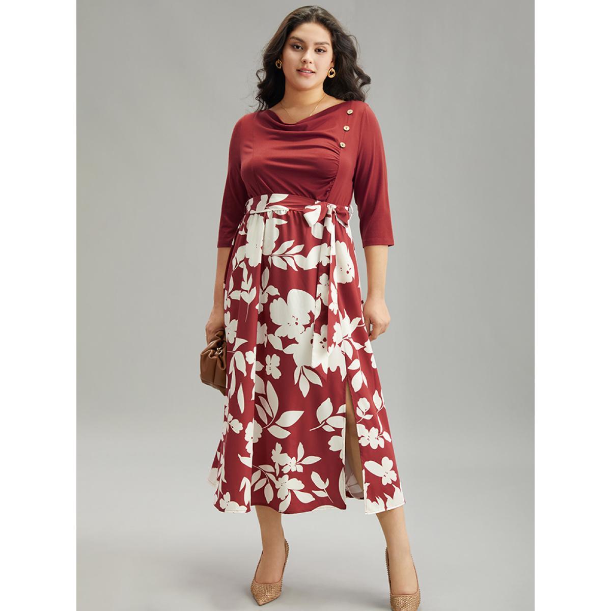 Plus Size Silhouette Floral Print Cowl Neck Belted Split Hem Dress Scarlet Women Office Gathered Cowl Neck Long Sleeve Curvy Midi Dress BloomChic 14-16/1X Product Image