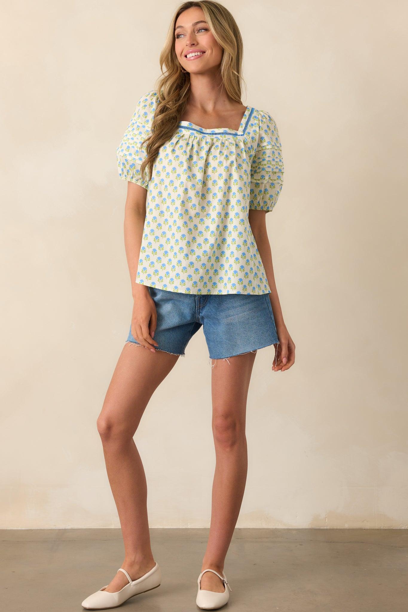 Right Where You Are Blue Floral Cotton Puff Sleeve Top Product Image