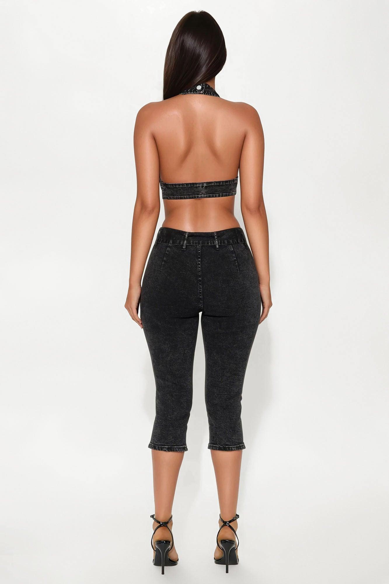 Cici Washed Denim Capri Set - Black Wash Product Image