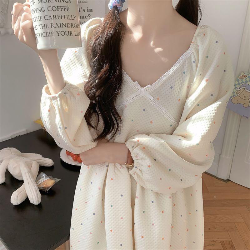 Puff-Sleeve Dotted Lace Trim Pajama Dress Product Image