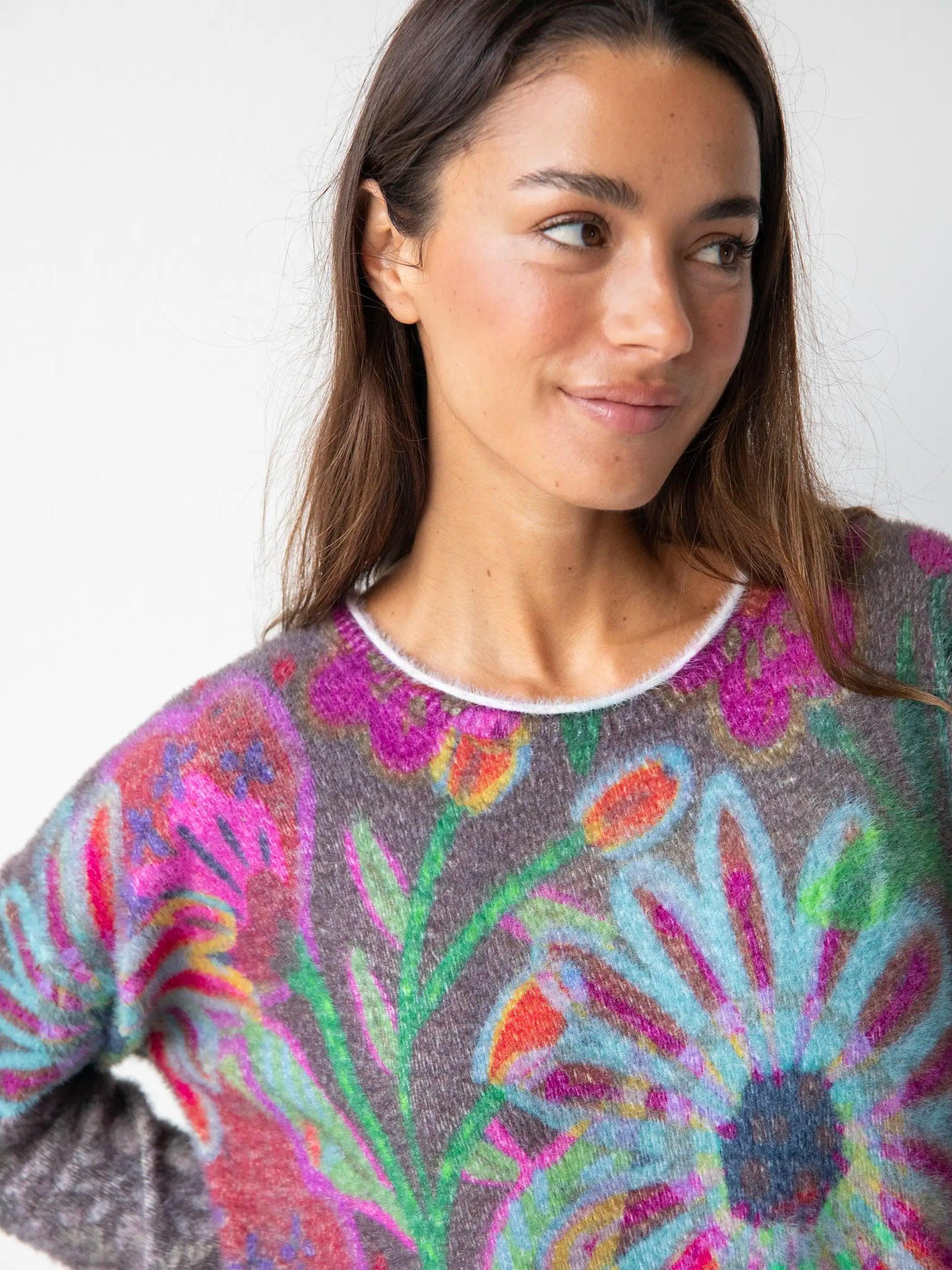 Cashmere-like Pullover Sweater - Mauve Folk Flower Product Image