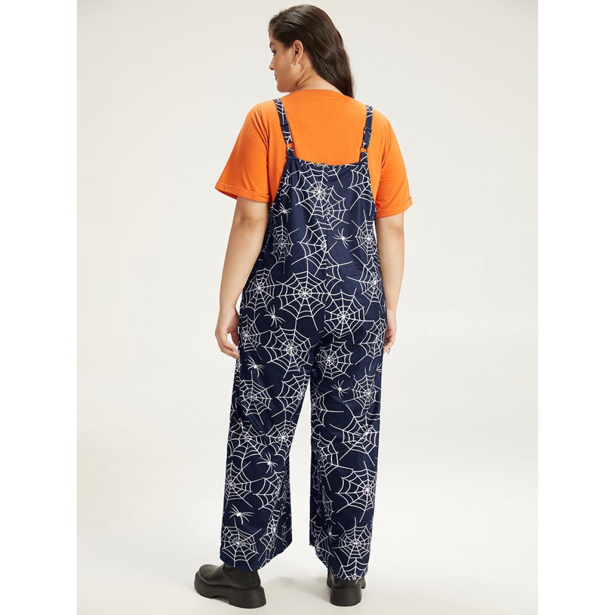 Plus Size DarkGreen Halloween Spider Web Print Pocket Overall Cami Jumpsuit Women Casual Sleeveless Spaghetti Strap Festival-Halloween Loose Jumpsuits BloomChic 10/M Product Image