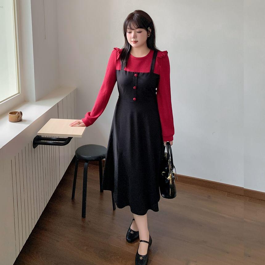 Plus Size Mock Two-Piece Long-Sleeve Round Neck Ruffle Trim Midi A-Line Dress Product Image