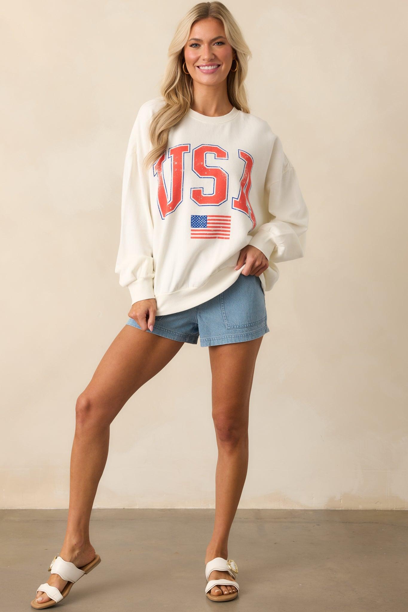 Z Supply Ivory Cotton USA Flag Sunday Sweatshirt Product Image