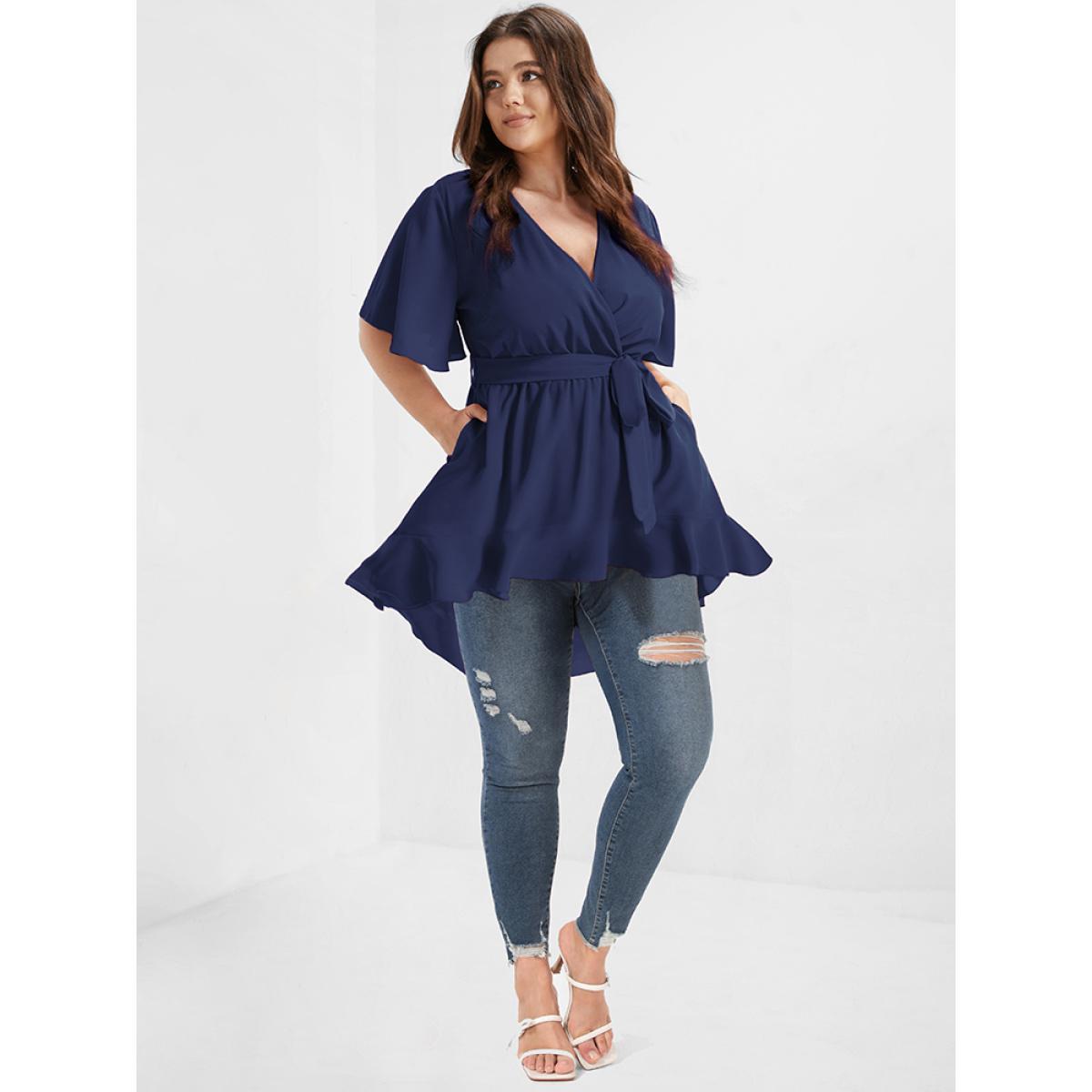 Plus Size DarkBlue Solid Belted Asymmetrical Hem Flutter Wrap Blouse Women Elegant Short sleeve V-neck Dailywear Blouses BloomChic 10/M Product Image
