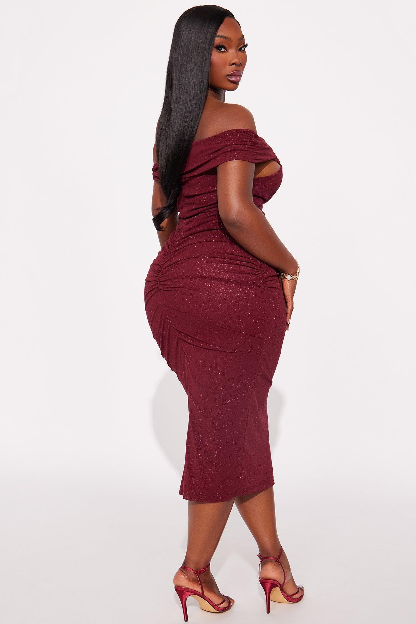 Jackie Glitter Mesh Ruched Midi Dress - Wine Product Image