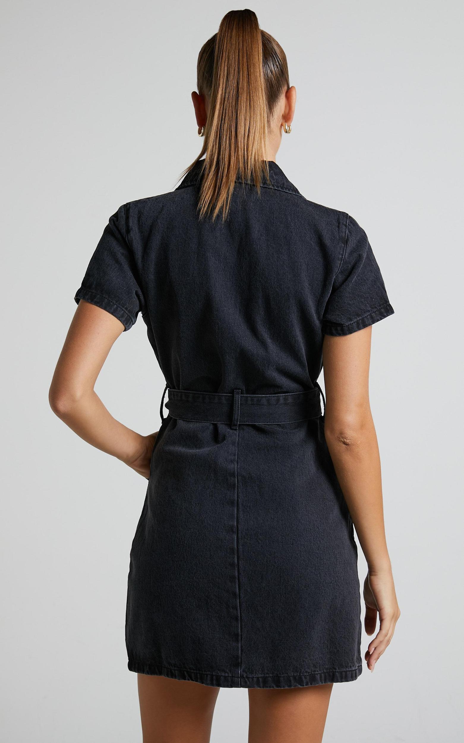 Nandini Mini Dress - Zip Through Denim Dress in Black Wash Product Image