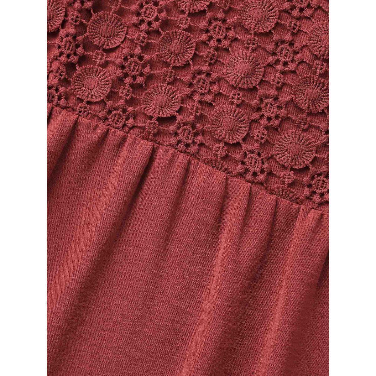 Plus Size Russet Notched Lace Panel Tab Sleeve Blouse Women Elegant Elbow-length sleeve Flat collar with V-notch Everyday Blouses BloomChic 26/4X Product Image