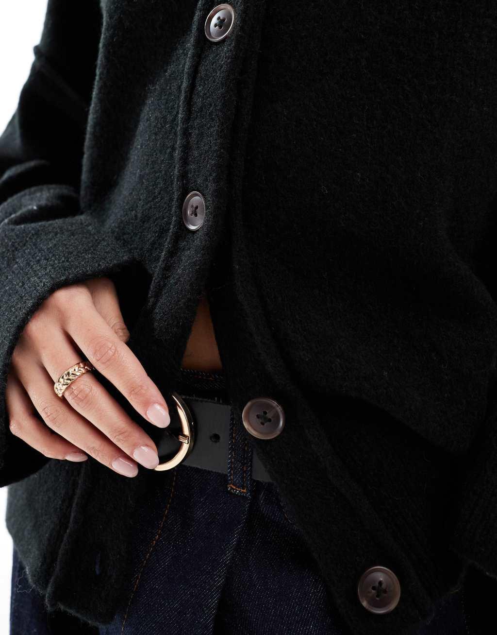 ASOS DESIGN knitted collar shirt cardigan with seam detail in black Product Image