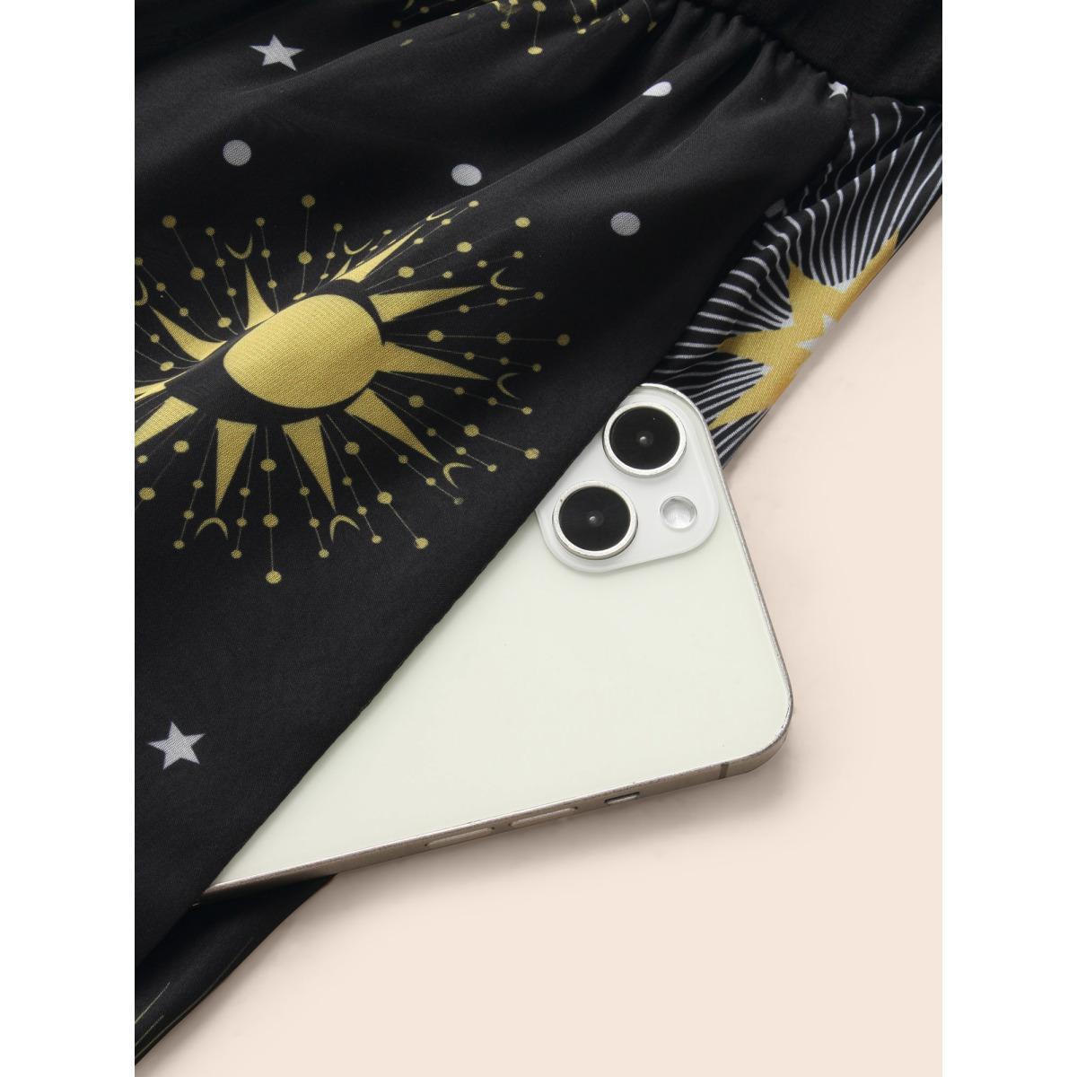 Plus Size Halloween Moon & Star Print Ruched Patchwork Dress Black Women Elegant Gathered Square Neck Short sleeve Curvy Midi Dress BloomChic 18-20/2X Product Image