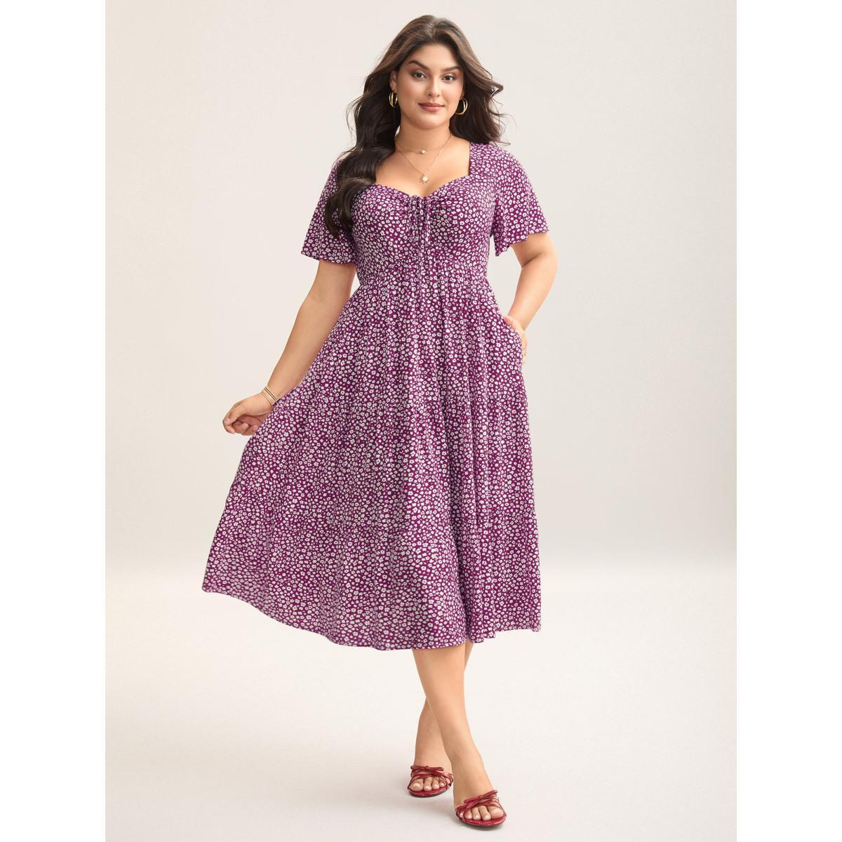 Plus Size Ditsy Floral Sweetheart Drawstring Pocket Tiered Dress Mauve Women Elegant Non V-neck Short sleeve Curvy Midi Dress BloomChic 14-16/1X Product Image