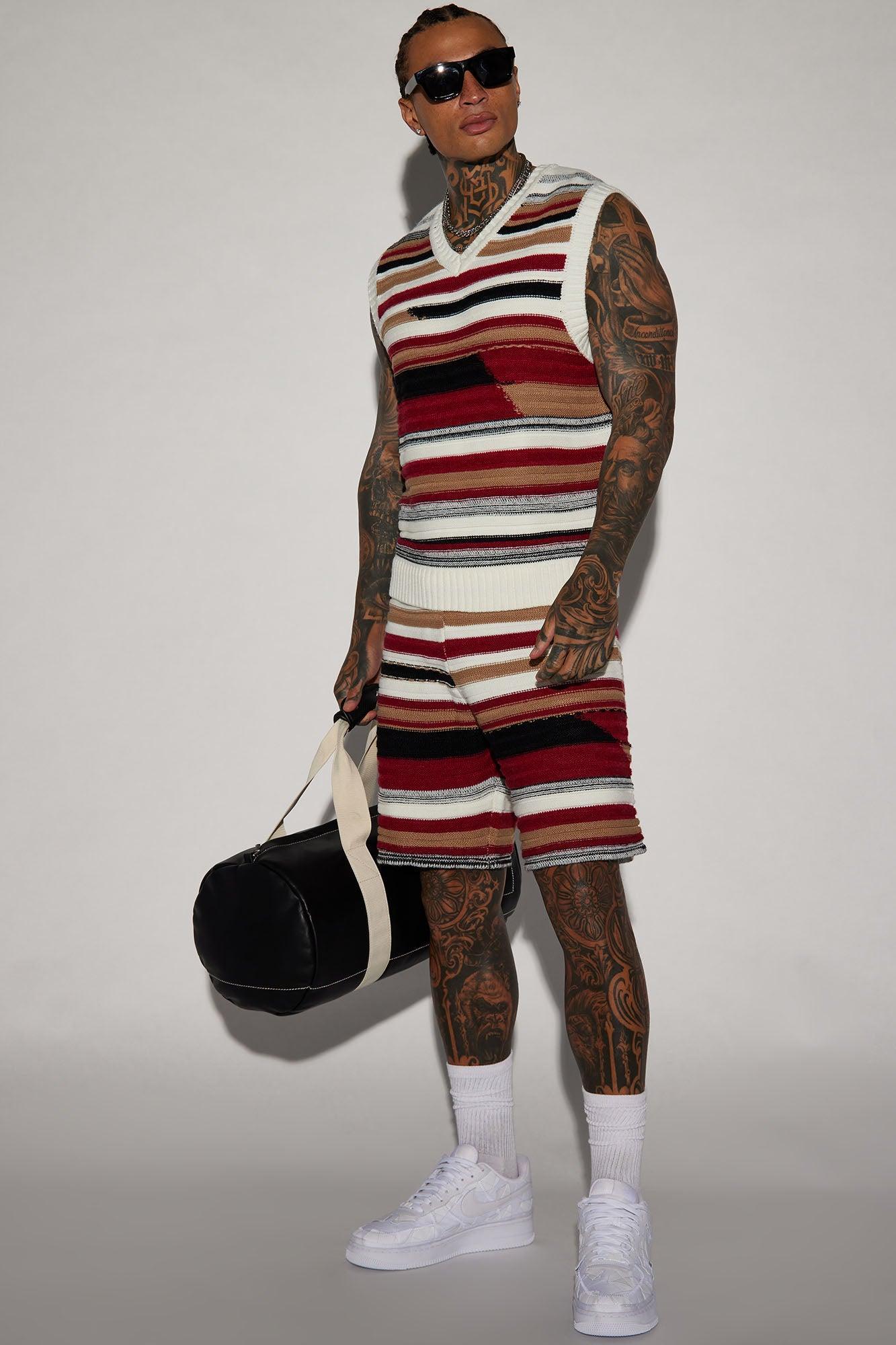 Striped Sweater Knit Shorts - Red/combo Product Image