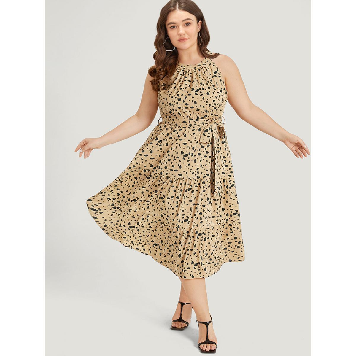 Plus Size Leopard Print Halter Pocket Belted Ruffle Hem Dress Bronze Women Elegant Gathered Halter neck Sleeveless Curvy Midi Dress BloomChic 14-16/1X Product Image