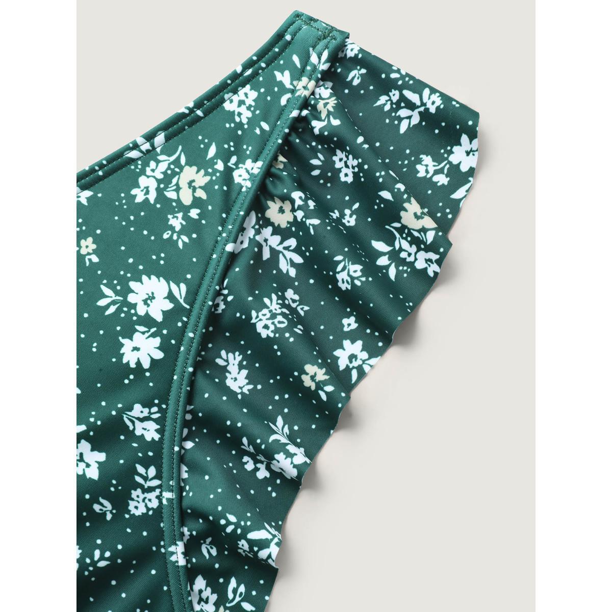 Plus Size Ditsy Floral Print Drawstring Swim Dress Women's Swimwear DarkGreen Beach Bodycon Overlap Collar High stretch Curve Swim Dresses BloomChic 28/5X Product Image