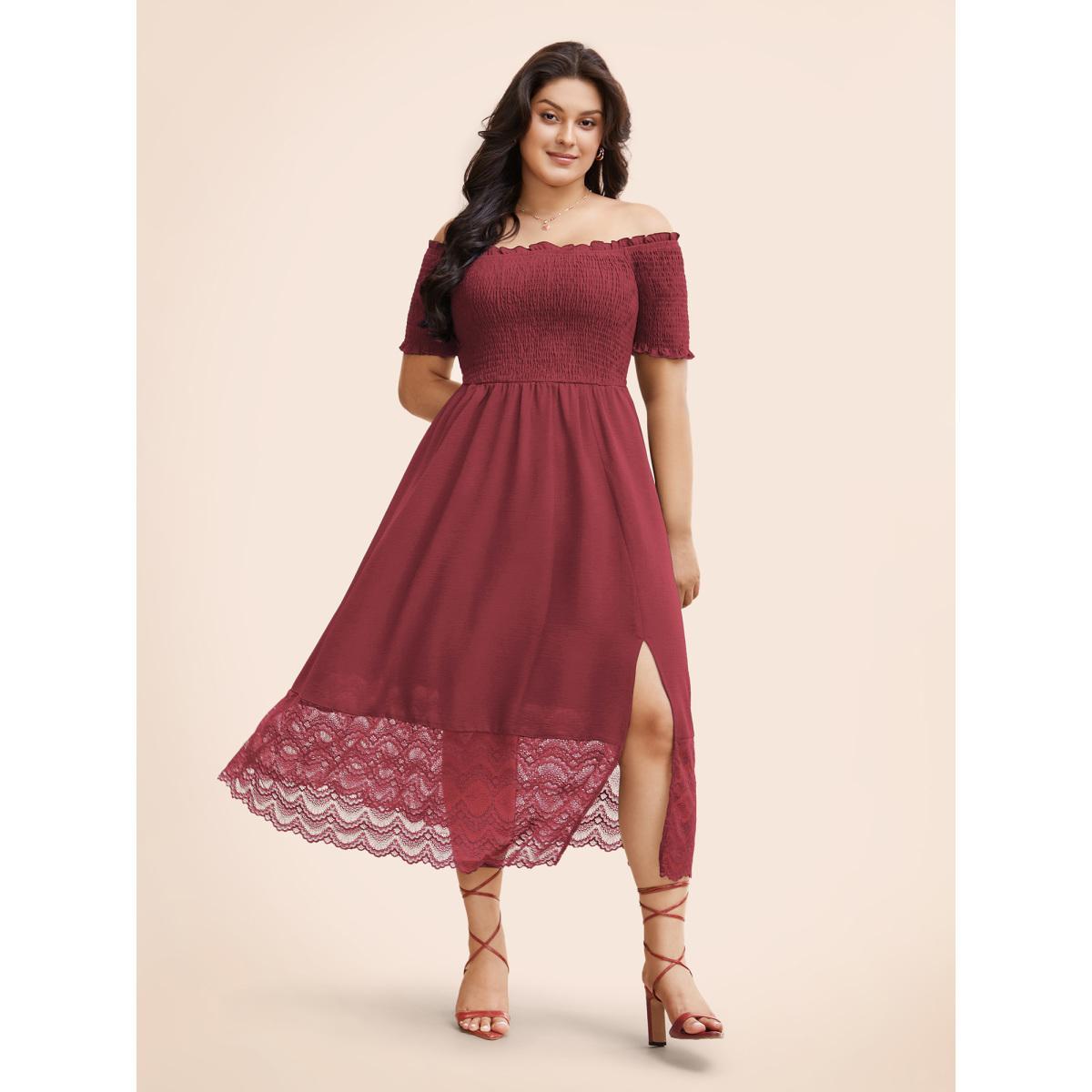 Plus Size Off Shoulder Shirred Lace Patchwork Dress Burgundy Women Elegant Woven ribbon&lace trim One-shoulder neck Short sleeve Curvy BloomChic 30/6X Product Image
