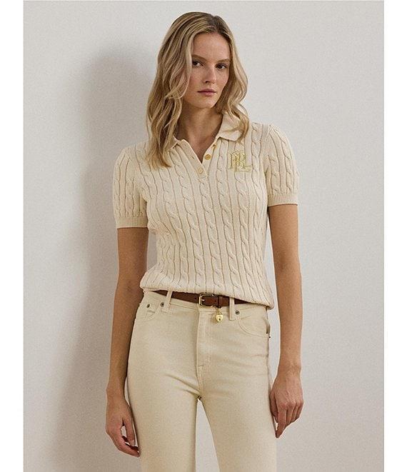 Lauren Ralph Lauren Cable Knit Point Collar Short Sleeve Polo Shirt Product Image