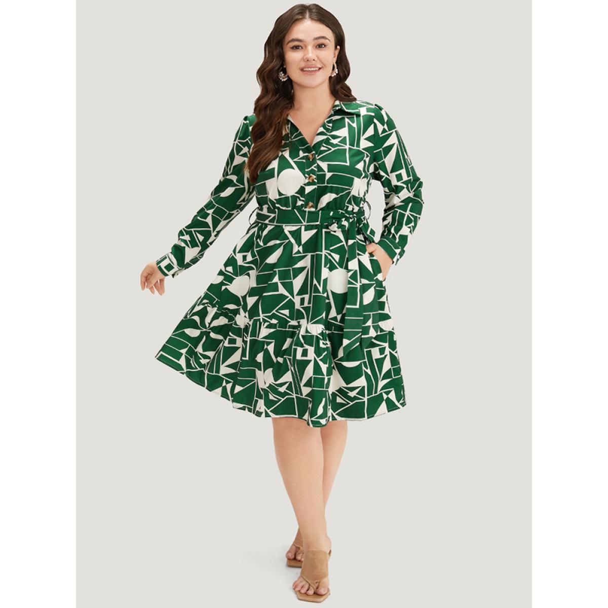 Plus Size Geometric Shirt Collar Belted Pocket Flutter Dress Green Women Office Belted Shirt collar Long Sleeve Curvy Midi Dress BloomChic 12/L Product Image