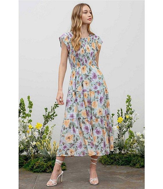 Blu Pepper Floral Print Short Sleeve Smocked Bodice Tiered Midi Dress Product Image