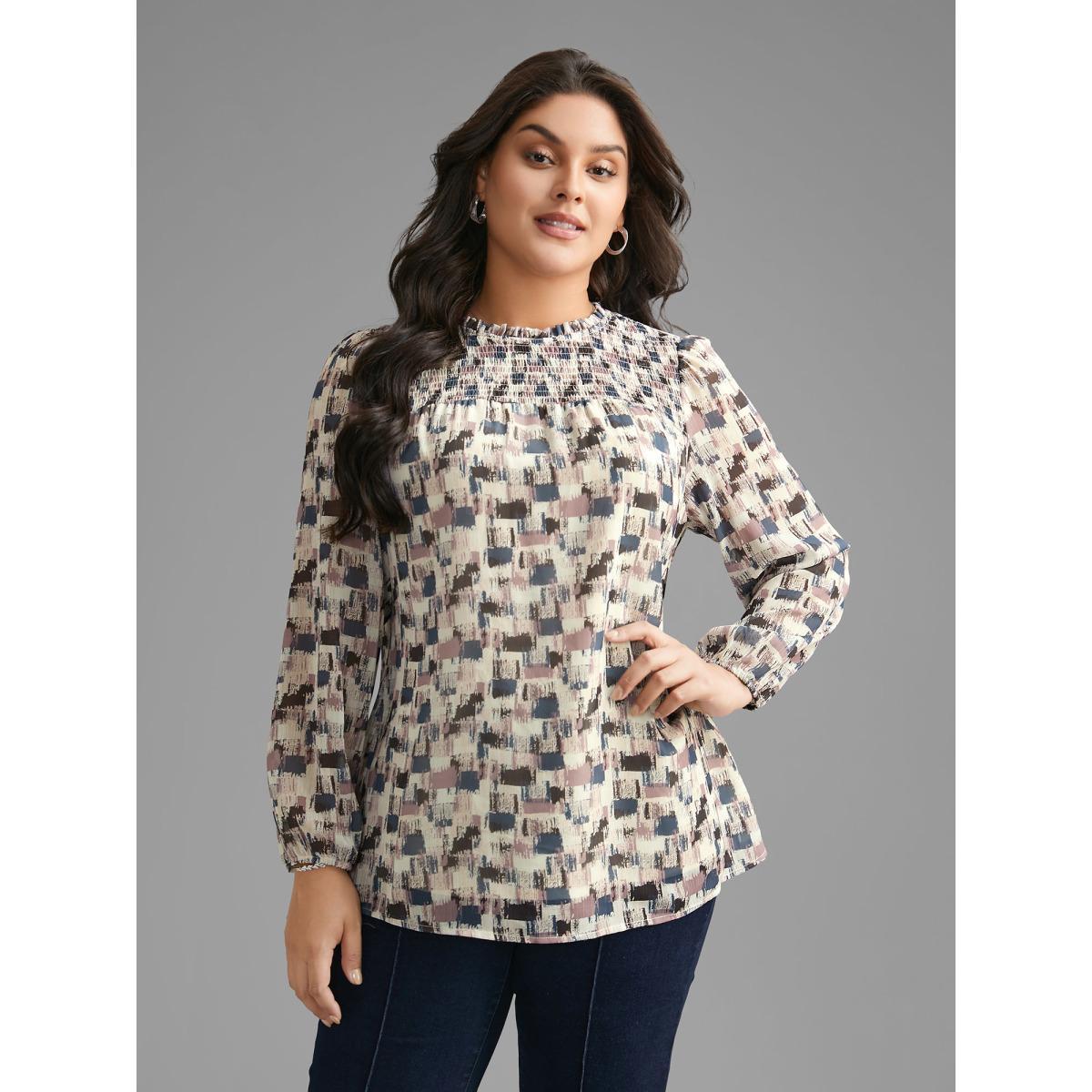 Plus Size Lilac Brush Print Shirred Ruffles Gathered Blouse Women Elegant Long Sleeve Mock Neck Everyday Blouses BloomChic 22-24/3X Product Image