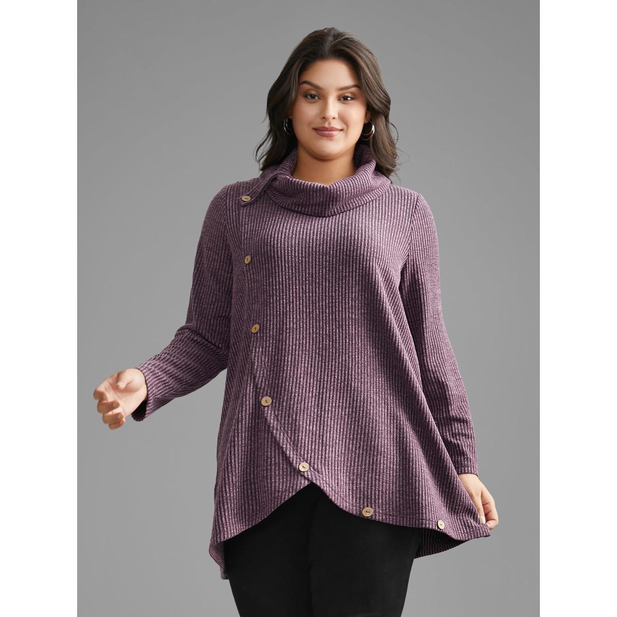 Plus Size Rib Knit Button Detail Wrap Hem Sweatshirt Women Mauve Casual Overlapping Loose Ruffled collar Everyday Sweatshirts BloomChic 30/6X Product Image