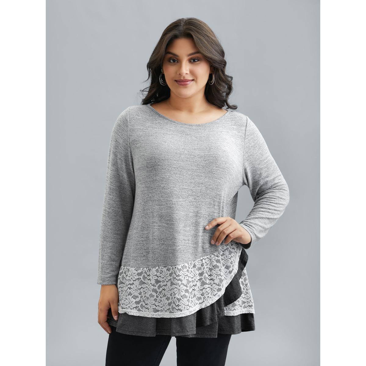 Plus Size Lace Overlap Hem Round Neck T-Shirt LightGray Women Casual Overlapping Round Neck Everyday T-shirts BloomChic 22-24/3X Product Image