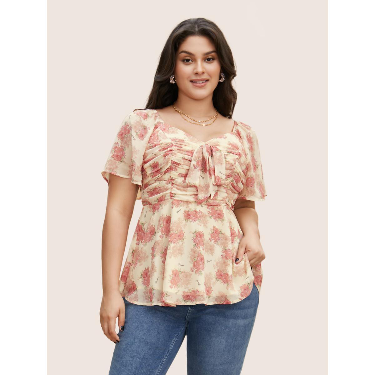 Plus Size Blush Heart Neckline Floral Tie Knot Ruched Blouse Women Elegant Short sleeve Heart neckline Everyday Blouses BloomChic 12/L Product Image