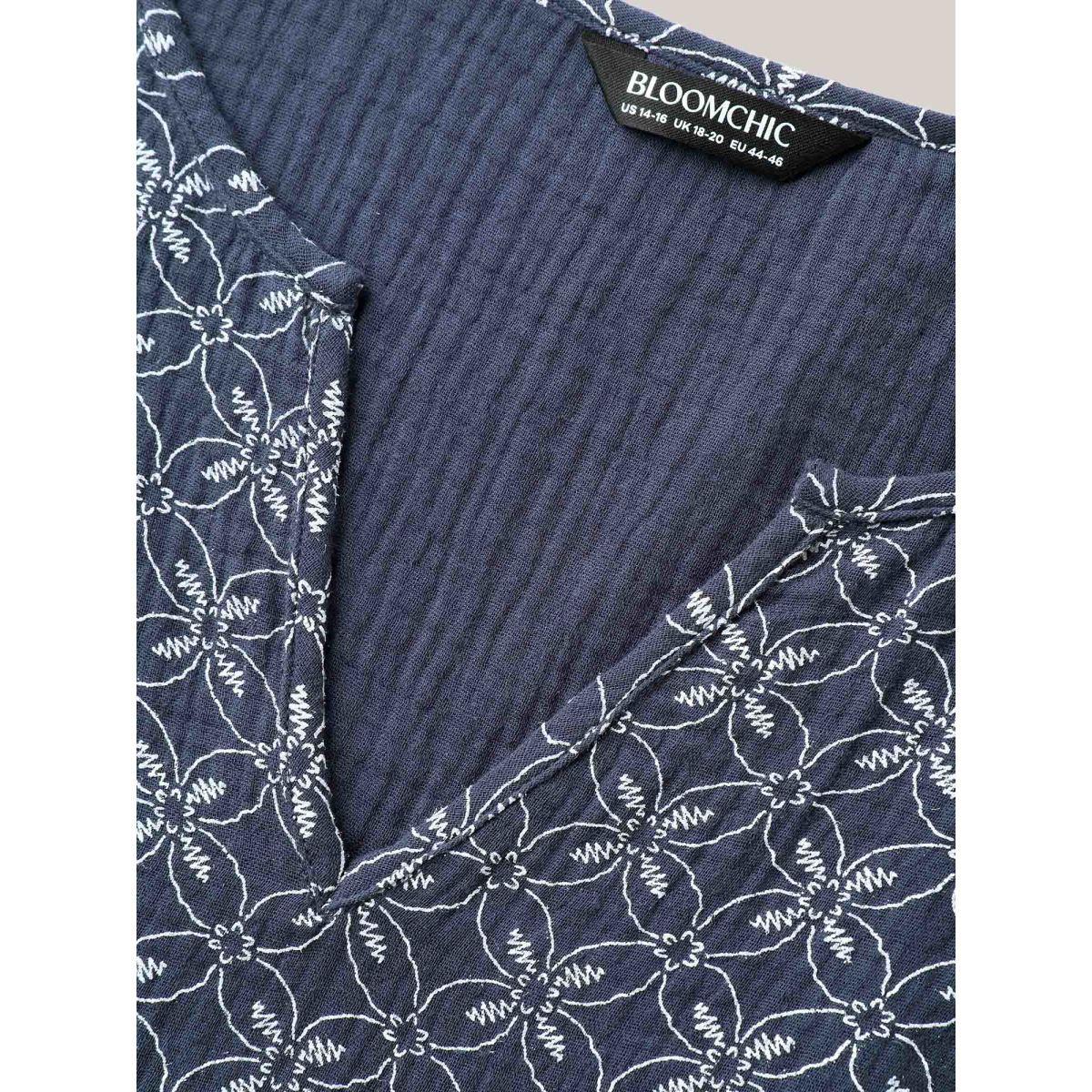 Plus Size Indigo Cotton Geometric Print Puff Sleeve Babydoll Top Women Short sleeve Notched collar Vacation Blouses BloomChic 22-24/3X Product Image