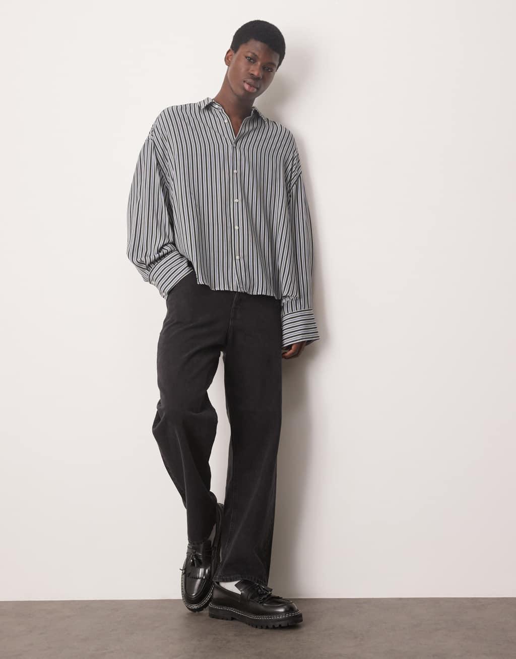 ASOS DESIGN volume oversized shirt with baggy sleeves in blue and green stripe Product Image